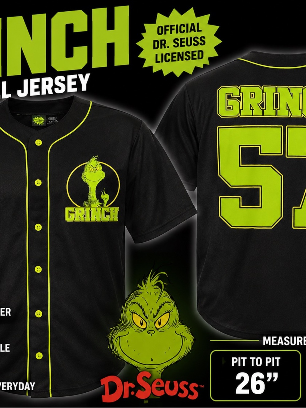 Dr. Seuss Black & Neon Green Grinch Baseball Jersey